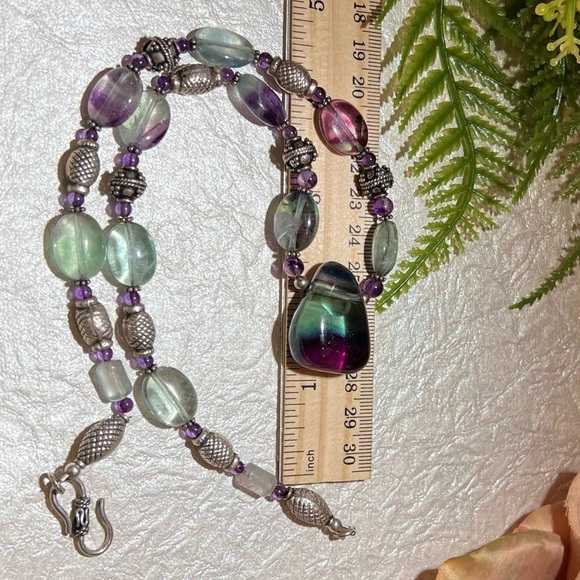 Natural Fluorite 925 Sterling silver Necklace. Large Tri-color Fluorite Pendant - Picture 8 of 15